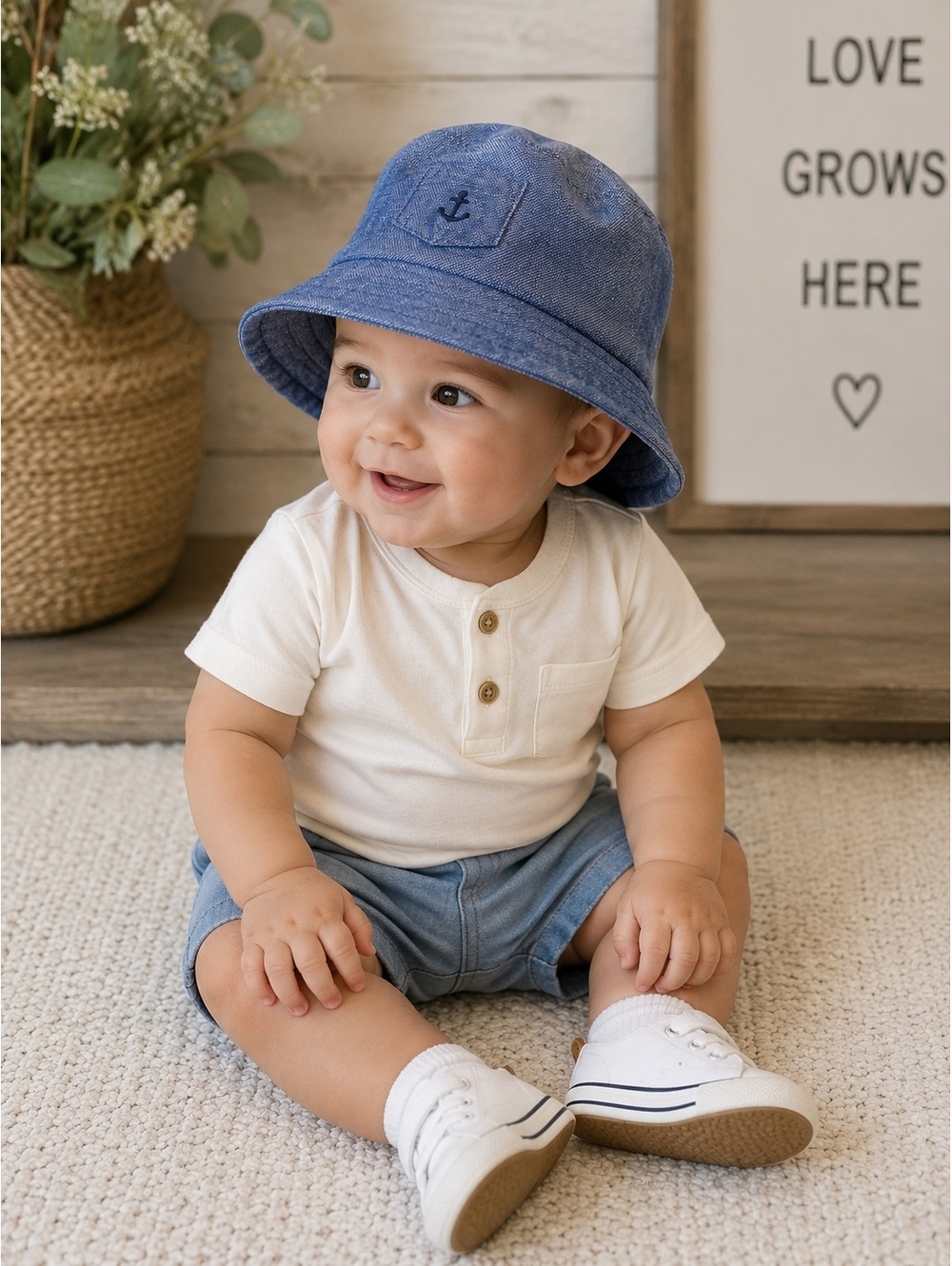 Janie and Jack Baby Blue Chambray Bucket Hat with Anchor Emb, Size 6-12 Months
